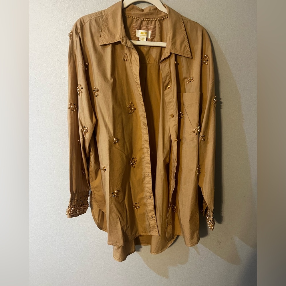 Maeve by Anthropologie Bennett Neutral Button Down XL Pearl Embellishment